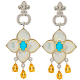 Elegant silver earrings featuring turquoise and yellow gemstones, designed in a floral shape with sparkling accents.